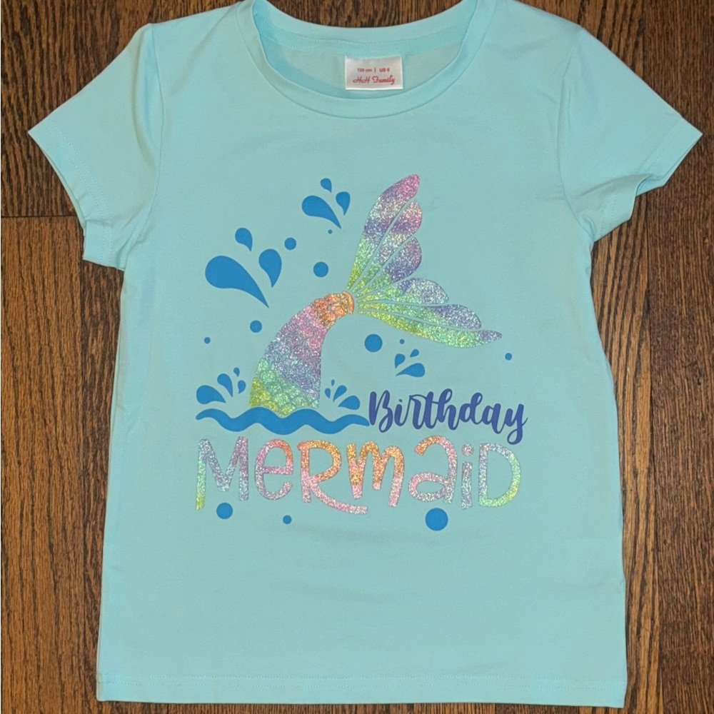 New/Never Worn Birthday T-Shirt Mermaid Theme (size 6/7)